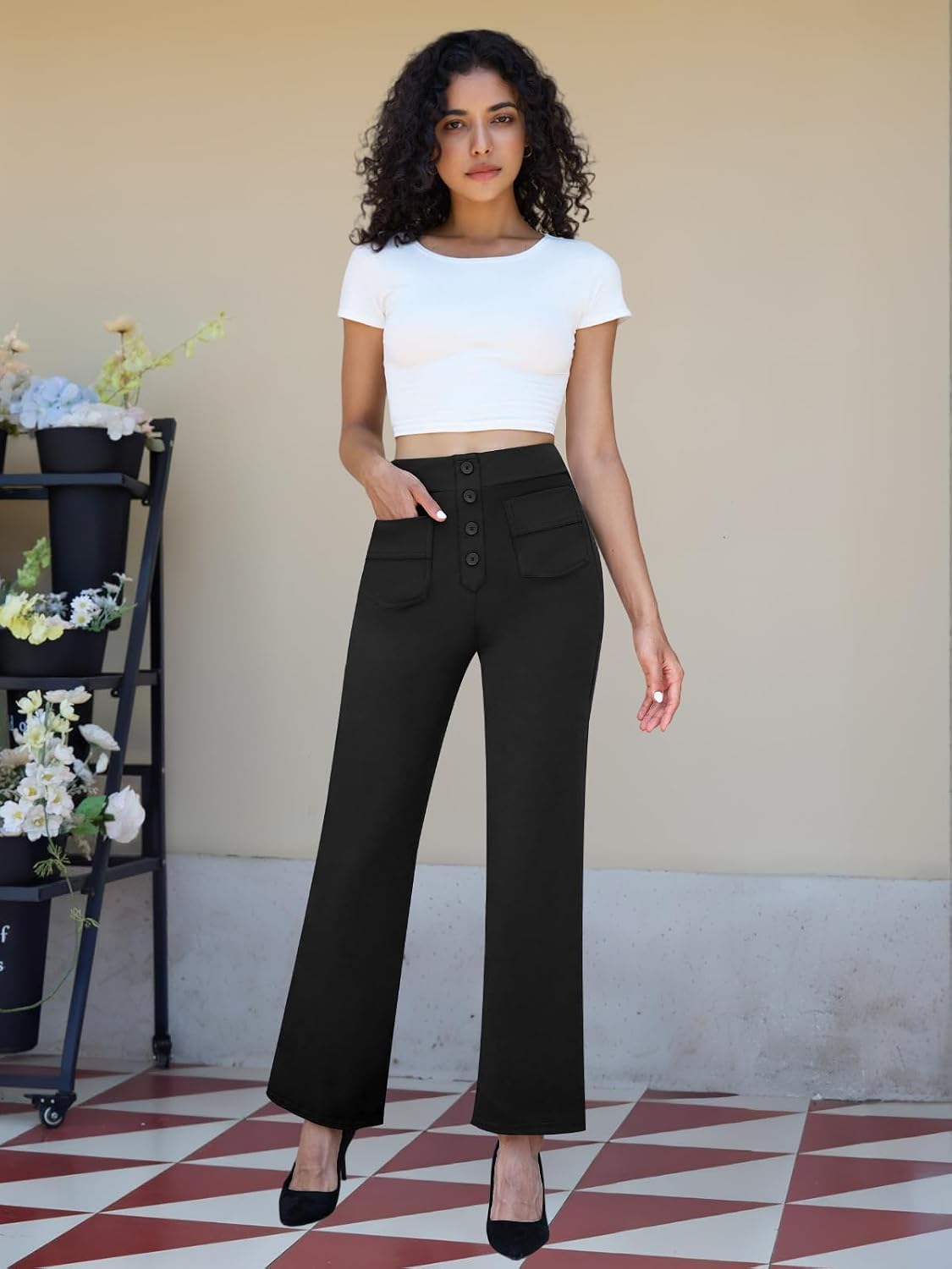keriffe Women's Straight Leg Dress Pants Stretchy Work Trousers