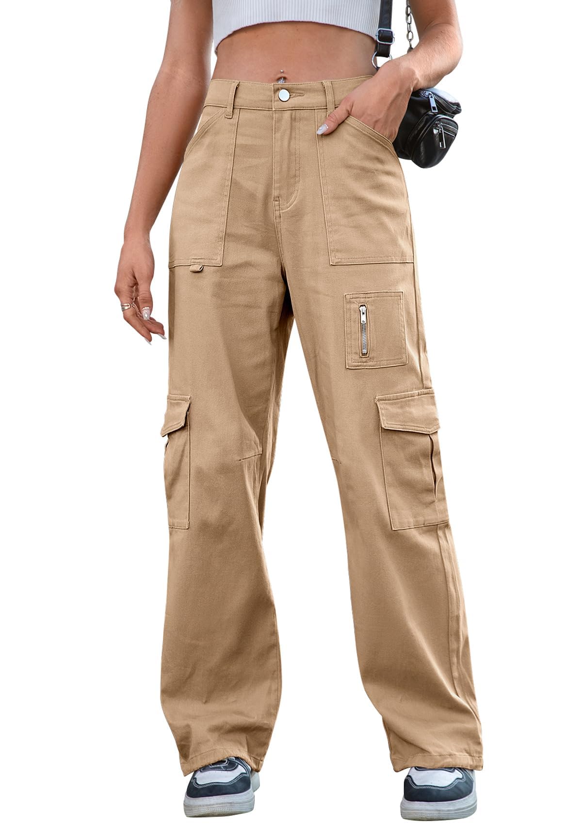 IVIR Cargo Pants Women High Waist Wide Leg Casual Pants with 7 Pockets Stretchy Drawstring Baggy Y2K Trousers