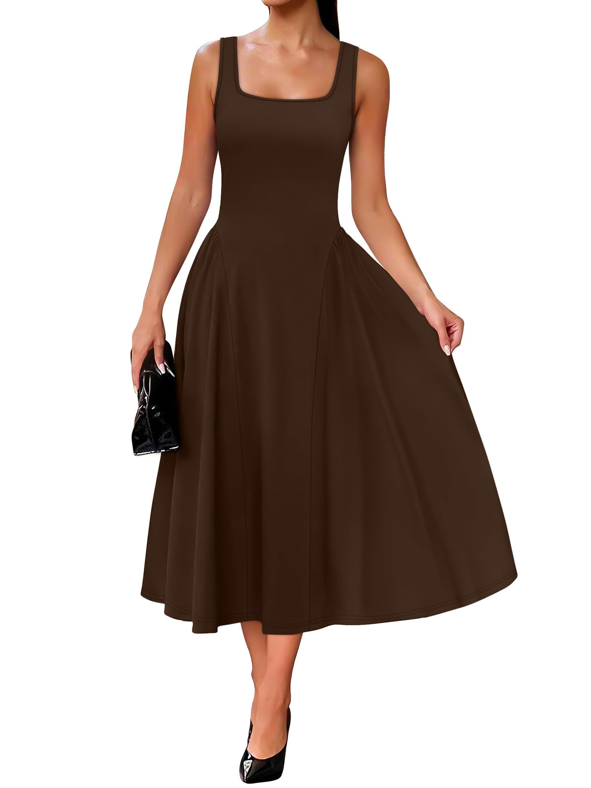 OFEEFAN Summer Dresses for Women Square Neck Corset A Line Maxi Dress Ruffle Ruched Waist Flowy Outfits