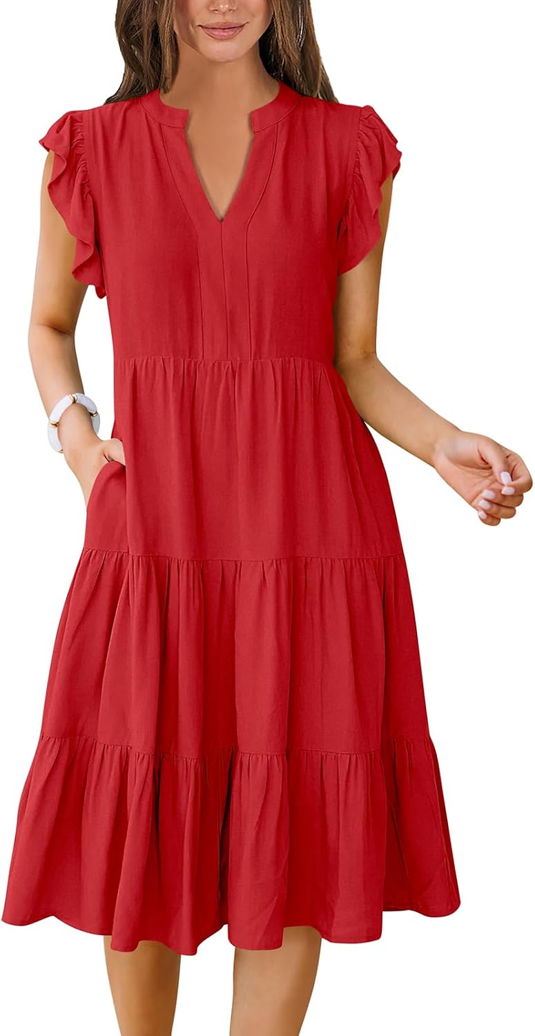 ANRABESS Womens Summer Dress Ruffle Sleeve V Neck Midi Dresses