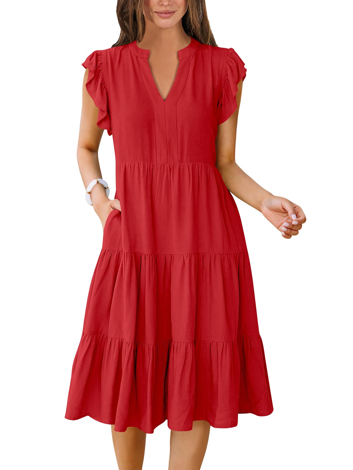 ANRABESS Womens Summer Dress Ruffle Sleeve V Neck Midi Dresses