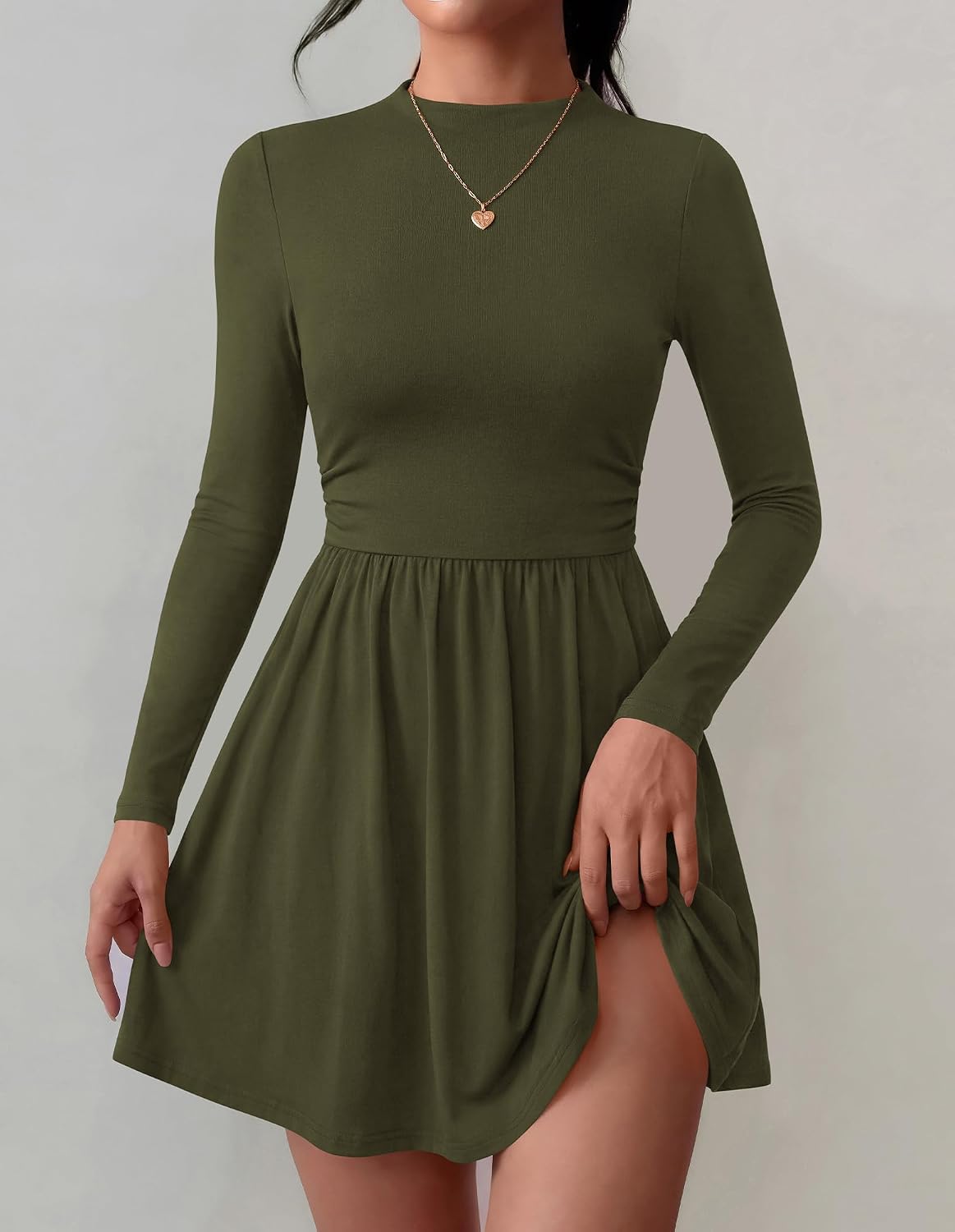 BTFBM Long Sleeve Dresses for Women Mock Neck A Line Flowy Mini Dress