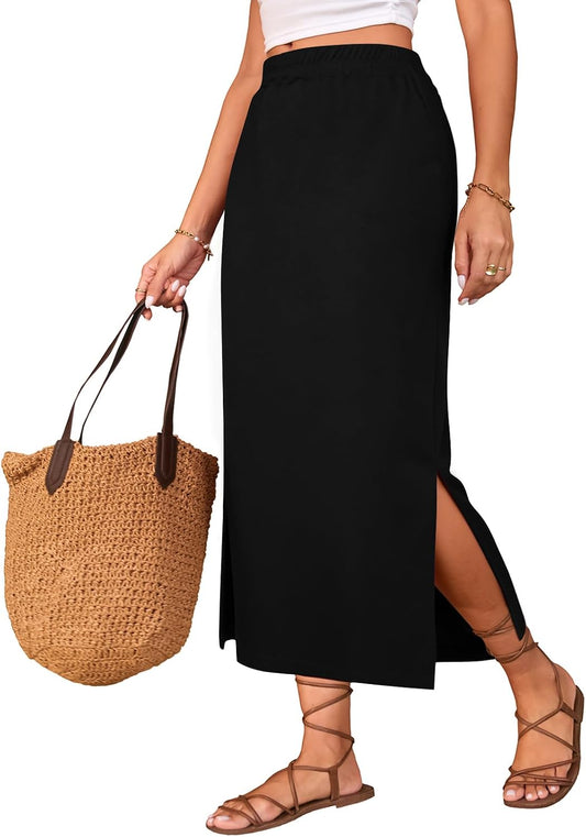 Poetsky Maxi Skirt for Women Summer Side Slit Pencil Skirts Elastic High Waisted Long Skirt