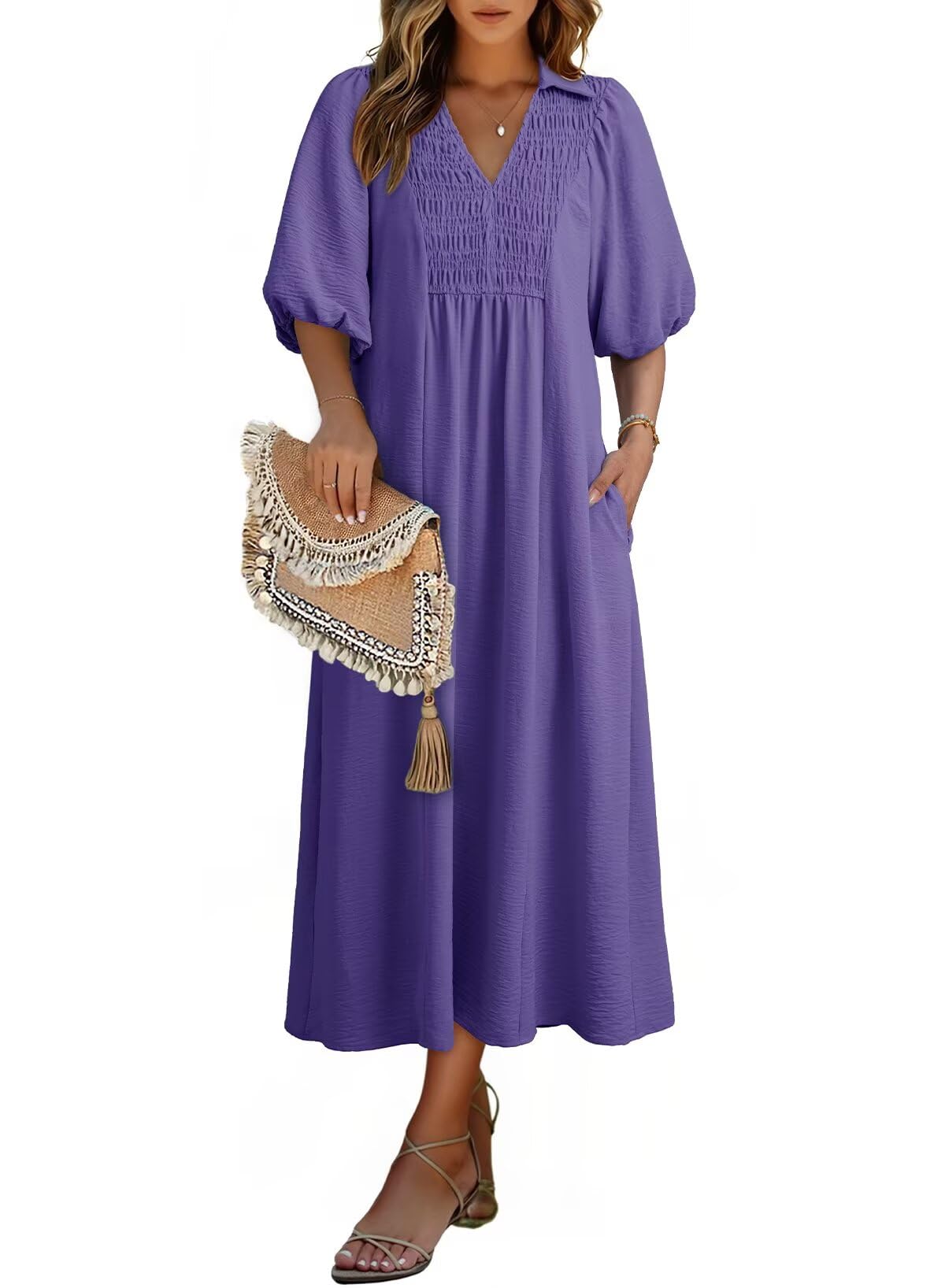 Dokotoo Summer Dresses for Women 2026 Casual Dresses V Neck Puff Sleeve Empire Waist A-Line Maxi Dress