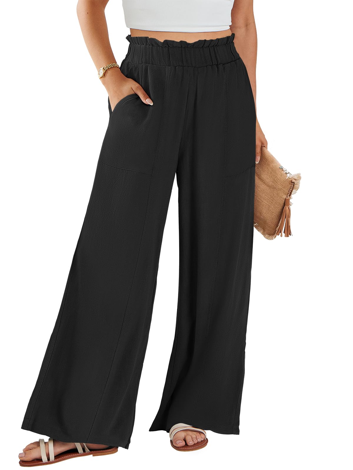 ANRABESS Womens Linen Pants 2026 Summer Casual Loose Wide Leg Palazzo Pants High Waist Flowy Beach Trousers Work Outfits