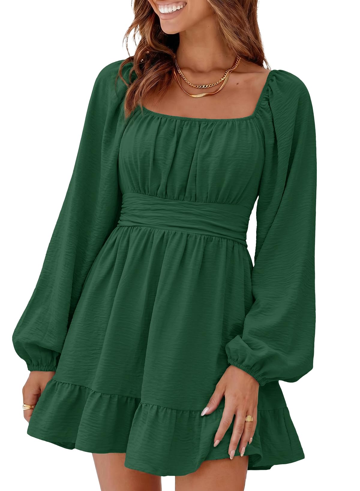 Dokotoo Womens Dress Lantern Sleeve Elastic Waist Tie Backless Mini Dress