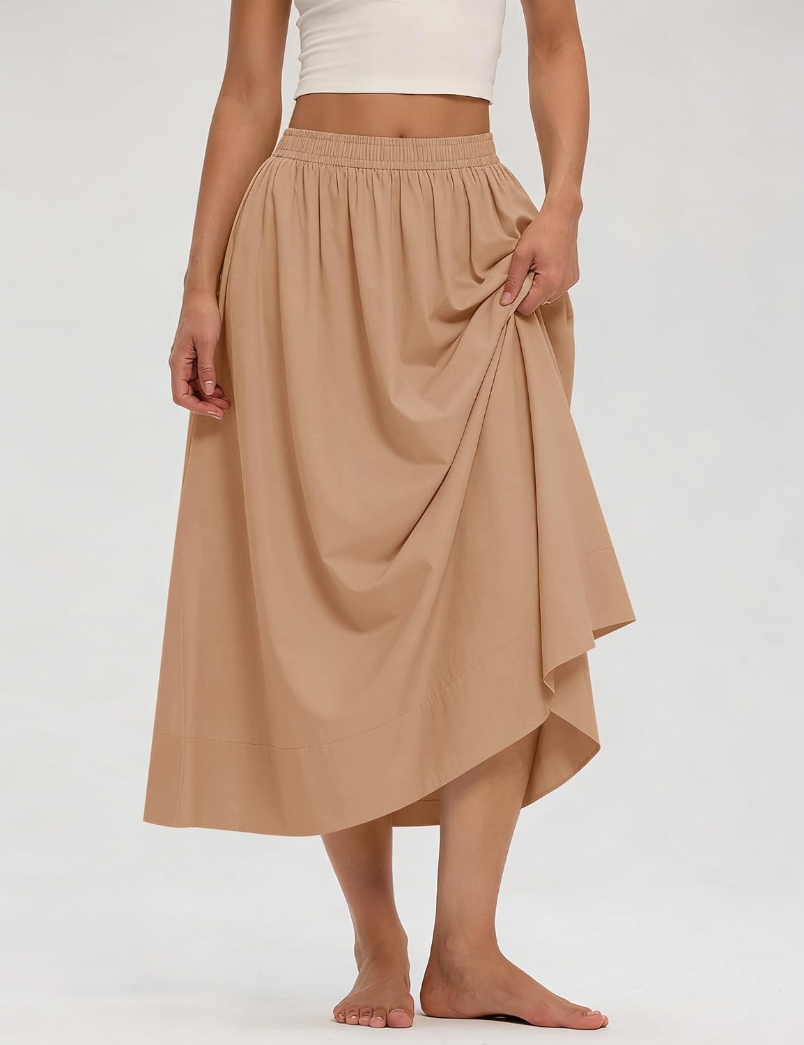 LOMON Midi Skirts for Women with Pockets A-Line Cotton Flowy Elastic Waist