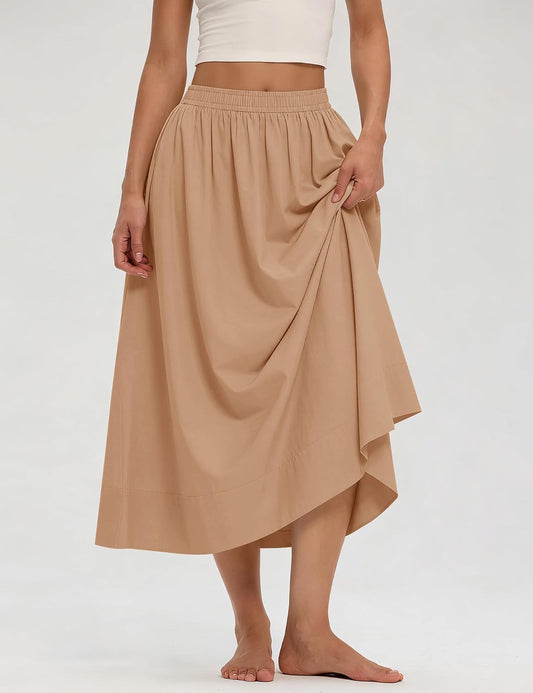 LOMON Midi Skirts for Women with Pockets A-Line Cotton Flowy Elastic Waist