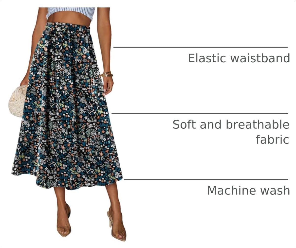 Magritta Women's Print Midi Skirt with Pocket Elastic High Waist 2026 Trendy A-Line Bohe Leopardr Swing Skirts for Women