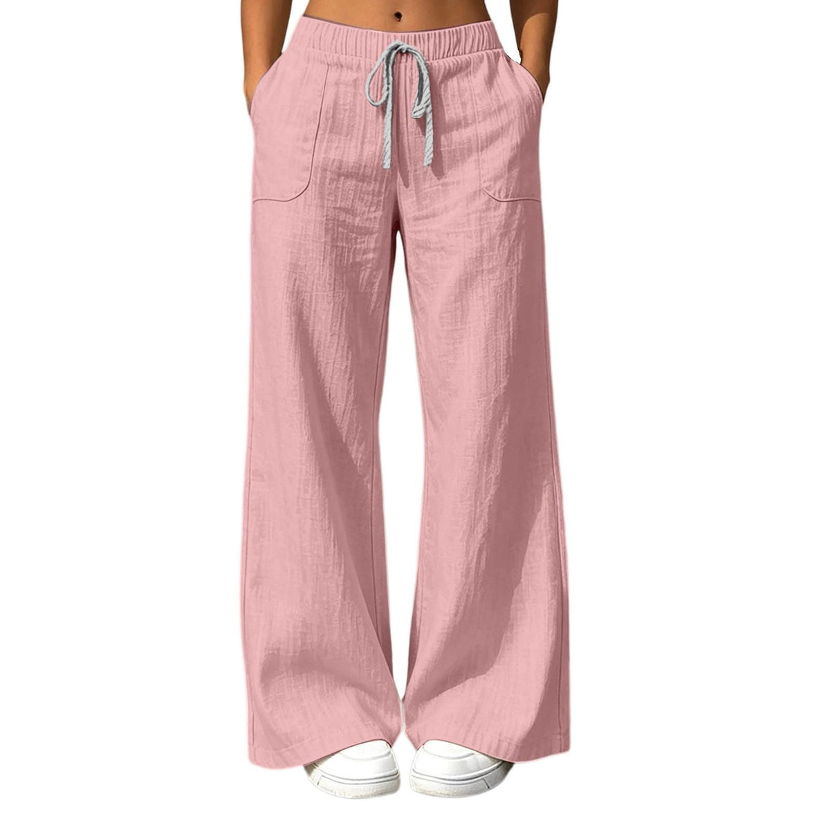 High Waisted Linen Pants Women Elastic Waist Wide Leg Flowy Lounge Pants Drawstring Palazzo Pant with Pockets