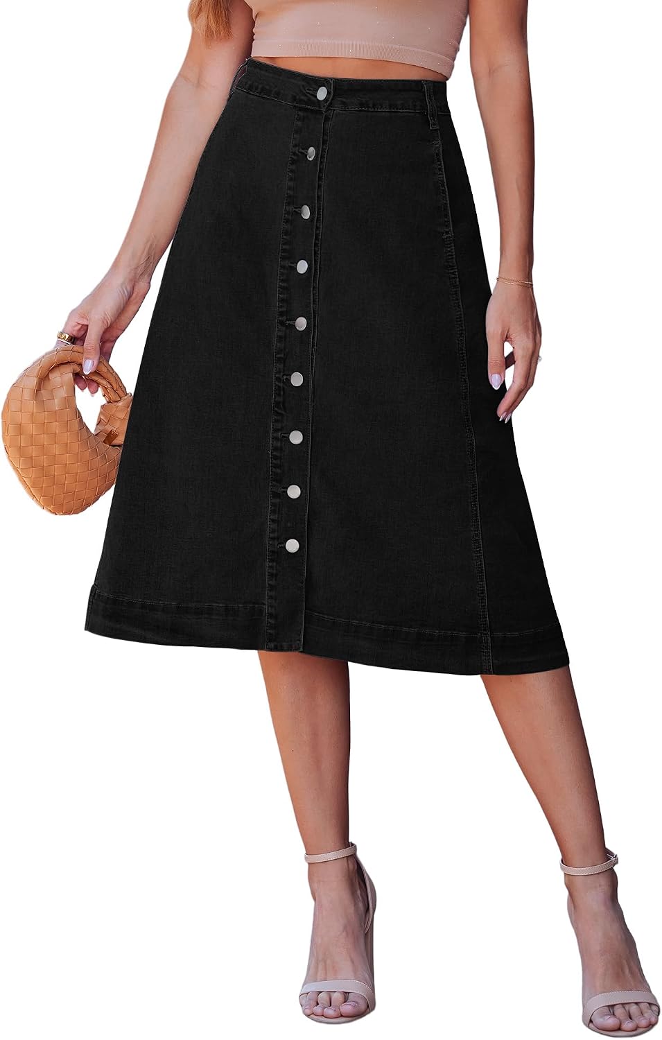 luvamia Jean Skirts for Women Trendy Midi Length A Line Western Casual Button Down Stretchy Denim Skirt with Pockets