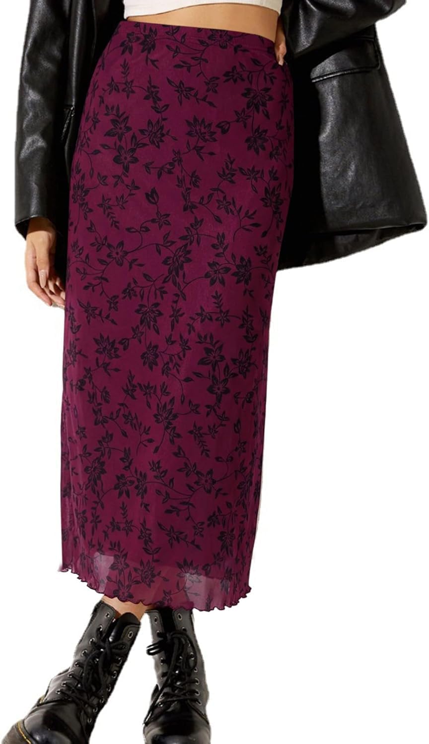 Avanova Women Mesh Floral Boho Midi Skirt High Waist Long Skirt