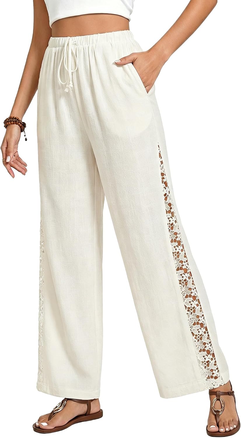 GRAPENT Linen Pants Women Wide Leg High Waisted Crochet Panel Pull On Elastic Waist Casual Summer Beach Vacation Pants