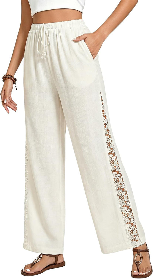 GRAPENT Linen Pants Women Wide Leg High Waisted Crochet Panel Pull On Elastic Waist Casual Summer Beach Vacation Pants