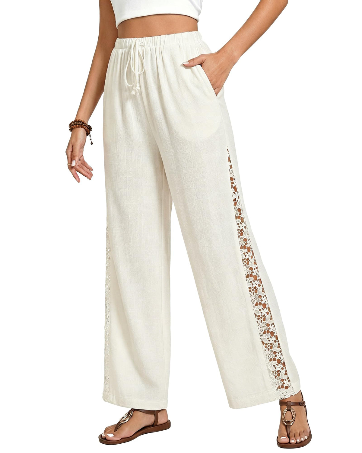 GRAPENT Linen Pants Women Wide Leg High Waisted Crochet Panel Pull On Elastic Waist Casual Summer Beach Vacation Pants