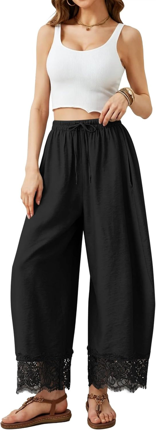 IWH Cropped Lace Trim Pants Women Wide Leg Barrel Silk Bottom Petite Length
