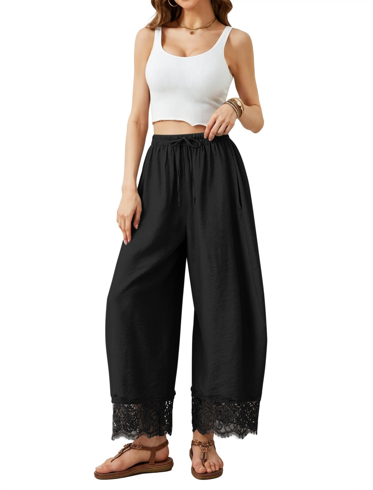 IWH Cropped Lace Trim Pants Women Wide Leg Barrel Silk Bottom Petite Length