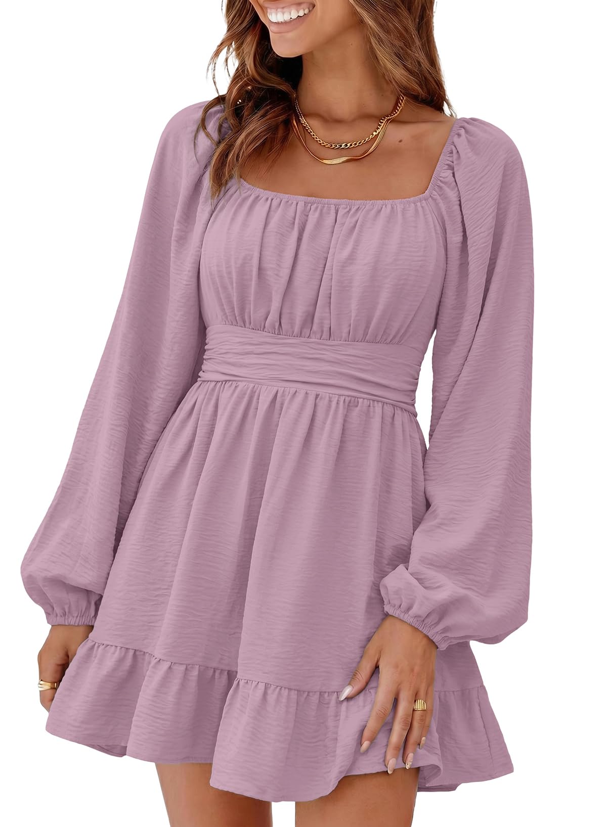 Dokotoo Womens Dress Lantern Sleeve Elastic Waist Tie Backless Mini Dress