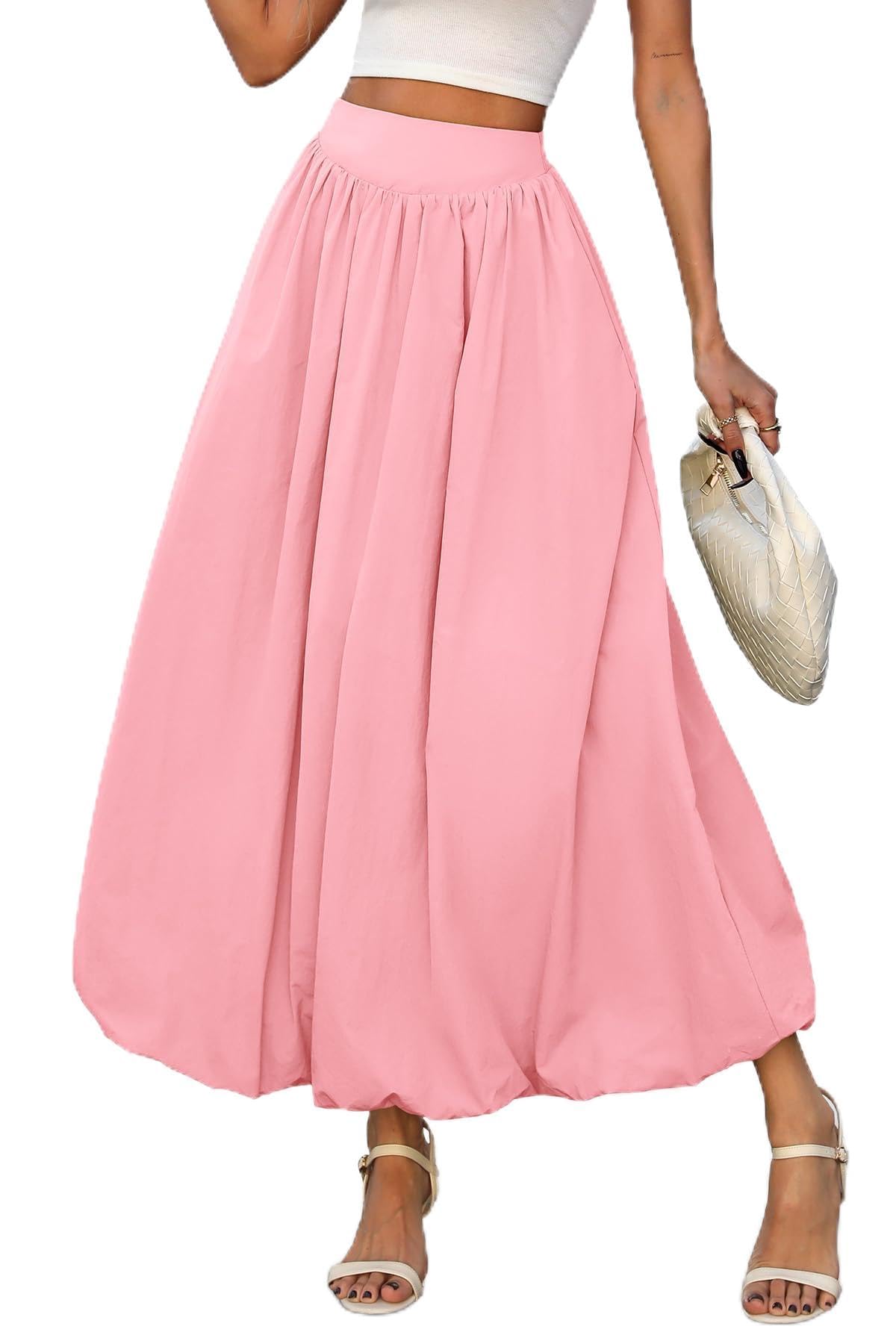 ELLEVEN Women's Bubble Maxi Skirt, Elastic Waist Puffy Hem A-Line Skirts