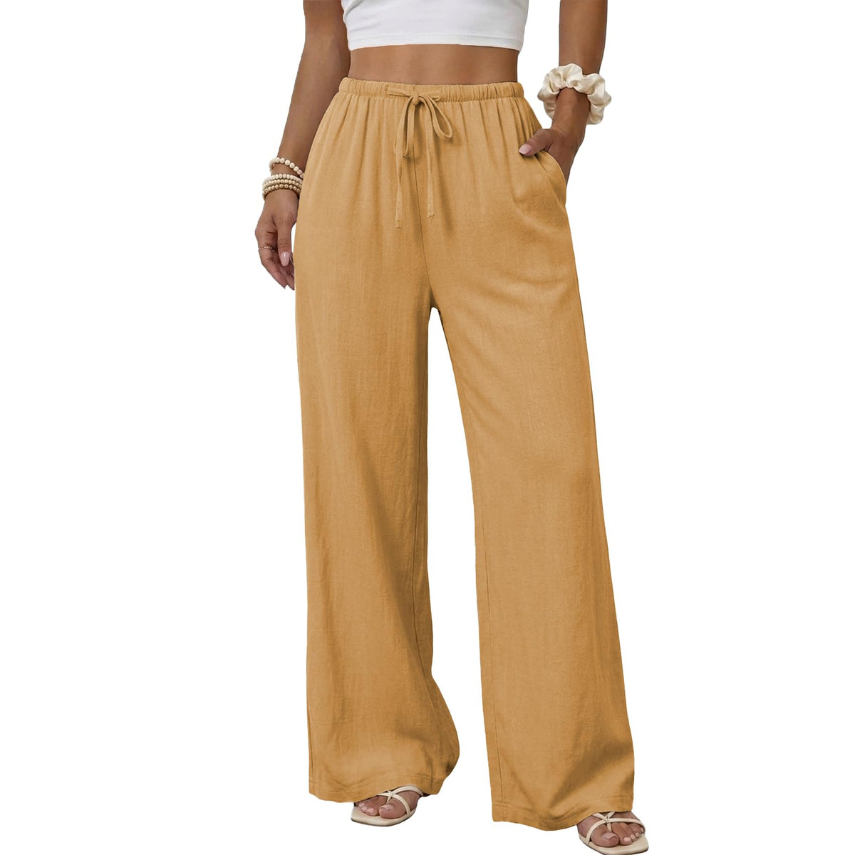 Duyang Womens Cotton Linen Palazzo Pants Drawstring Elastic Waist Casual Wide Leg Trousers with Pockets