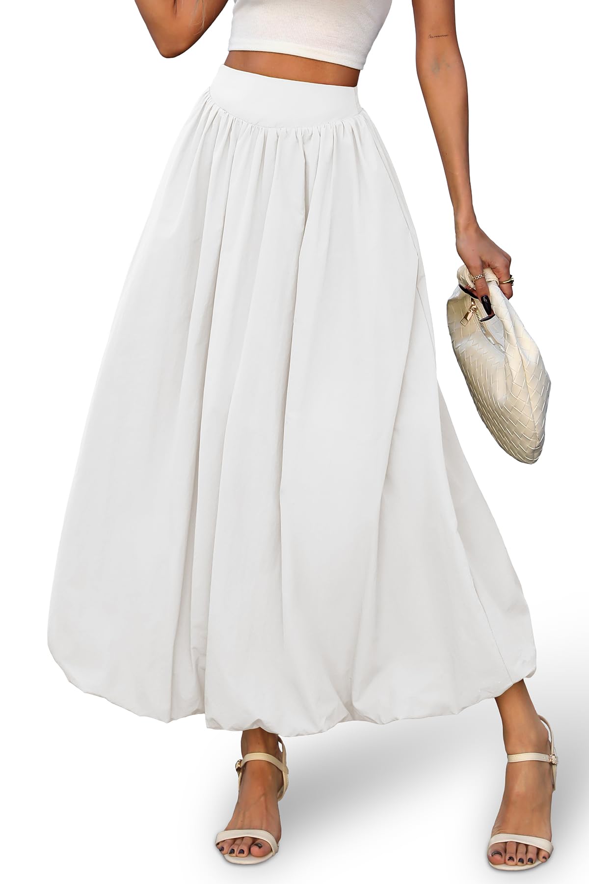 ELLEVEN Women's Bubble Maxi Skirt, Elastic Waist Puffy Hem A-Line Skirts