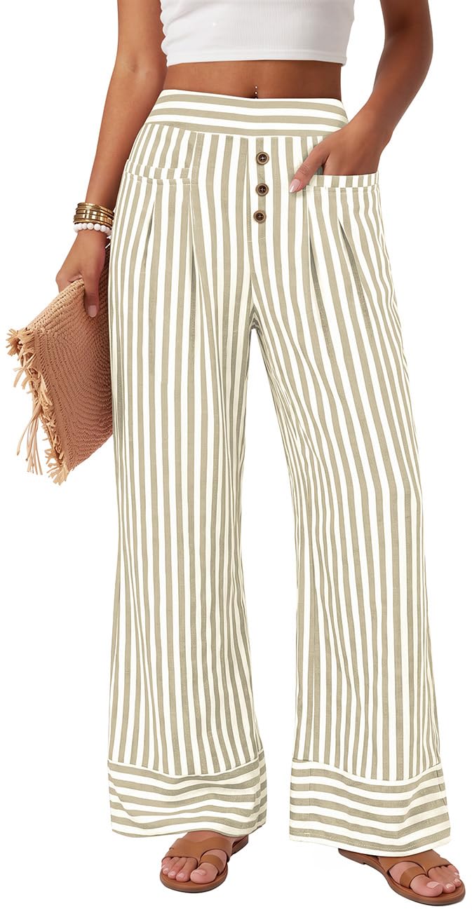 TARSE Womens Striped Palazzo Pants Wide Leg High Waisted Trousers Pockets