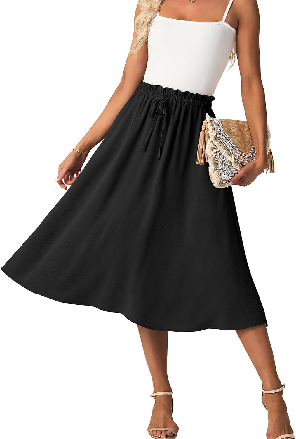 FREEOAK High Waist Skirts for Women Below Knee Casual Flowy Summer Midi Skirts Palazzo A-Line Long Skirt with Pockets