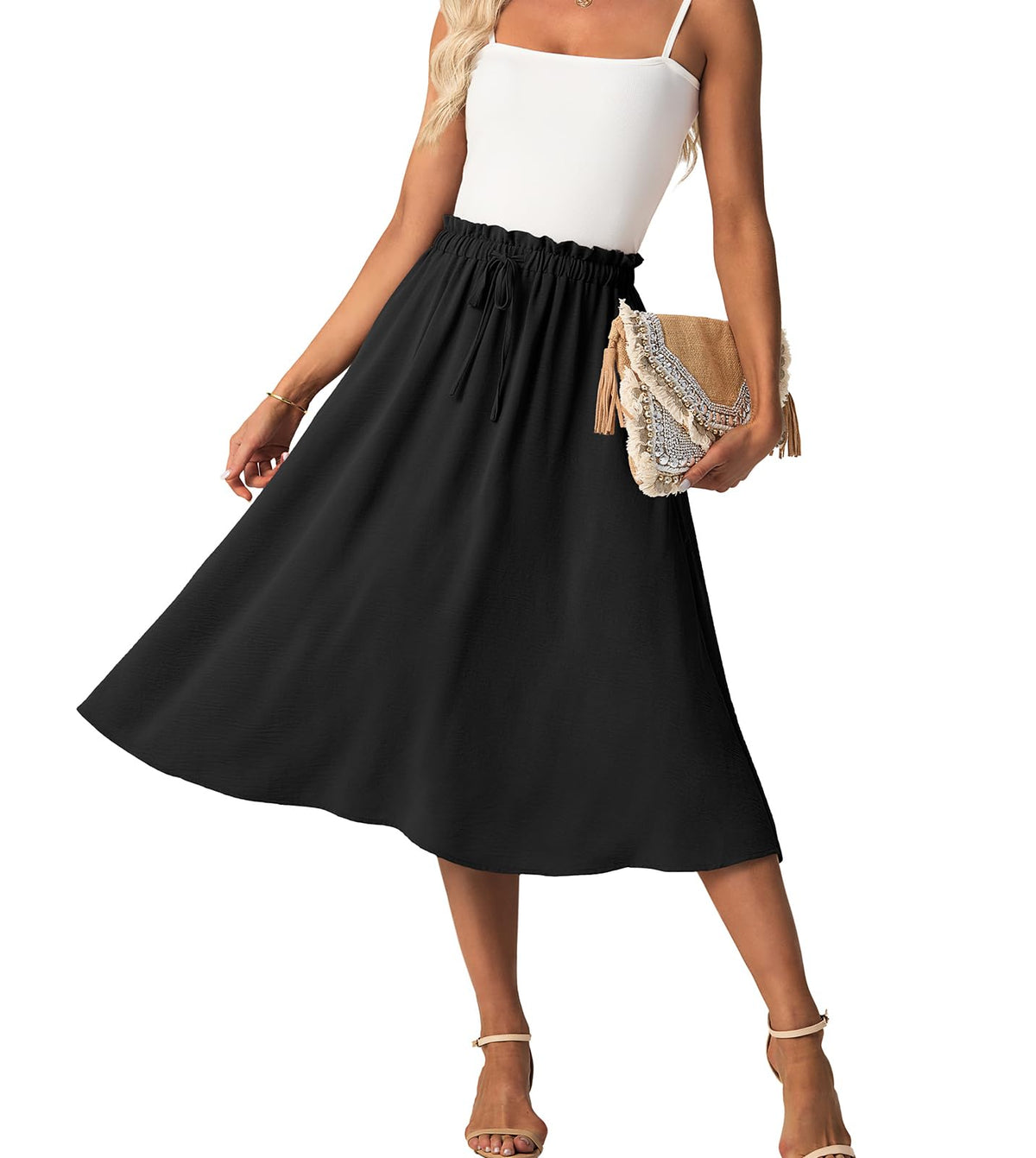 FREEOAK High Waist Skirts for Women Below Knee Casual Flowy Summer Midi Skirts Palazzo A-Line Long Skirt with Pockets