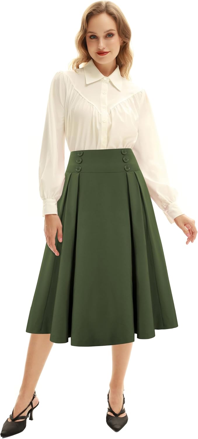 Belle Poque Women's Midi Pleated A-Line Skirts Pockets