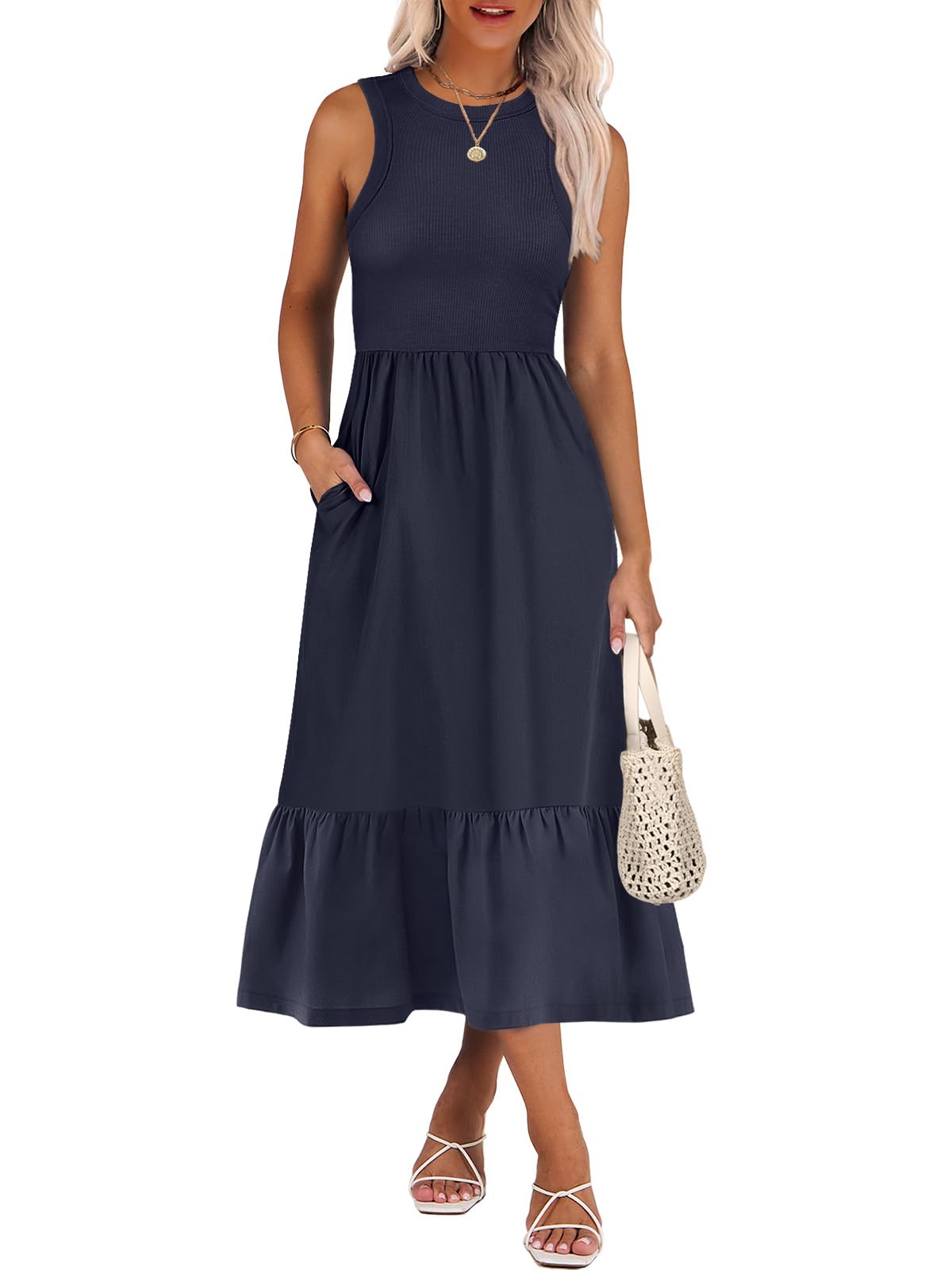 ANRABESS Womens Summer Dresses Casual Beach Tank Midi Sundress with Pockets