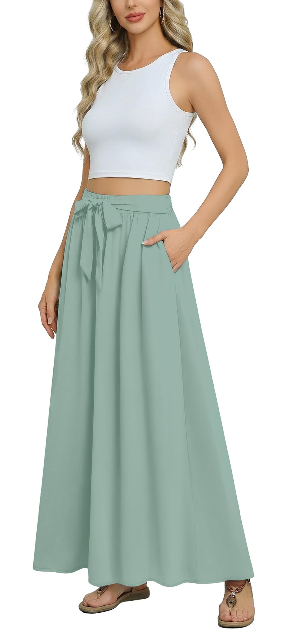 Askyes Womens Maxi Skirt Summer Trendy Tie Knot Elastic High Waisted Boho Casual Beach Flowy Swing Long Skirts with Pockets