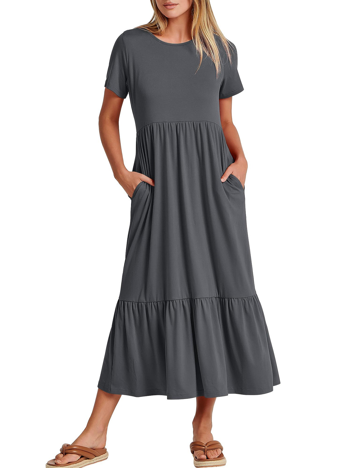 ANRABESS Womens 2026 Summer Casual Maxi Dress A line Tiered Flowy Short Sleeve Crewneck T Shirt Beach Travel Long Dresses