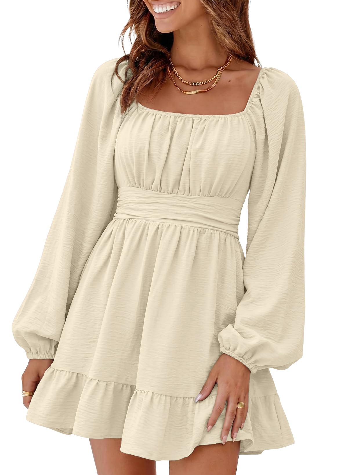 Dokotoo Womens Dress Lantern Sleeve Elastic Waist Tie Backless Mini Dress