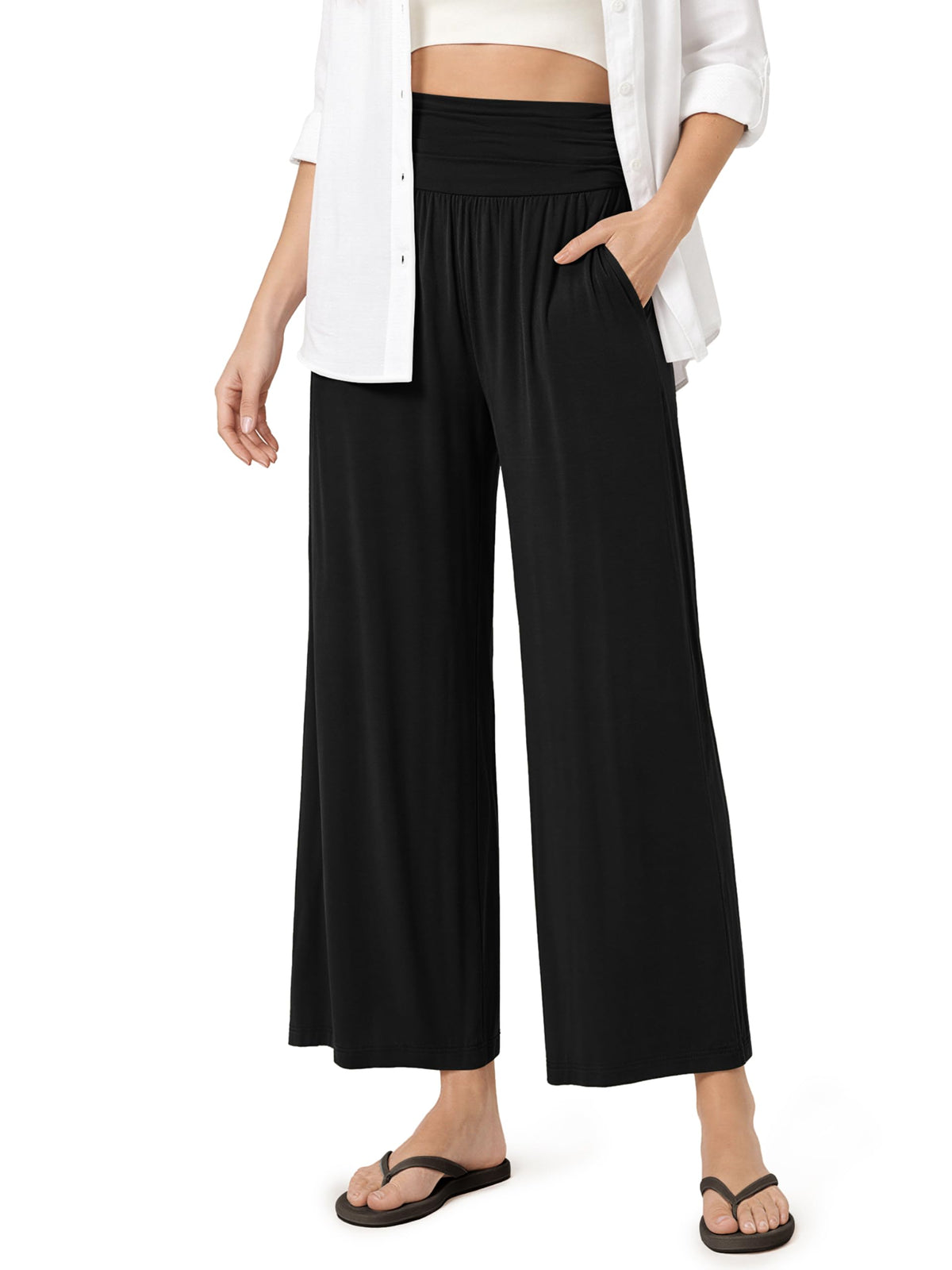 ODODOS Women's Wide Leg Palazzo Lounge Cropped Pants with Pockets Light Weight Comfy Pajama Capri Pants-20/22"/ 24" Inseam