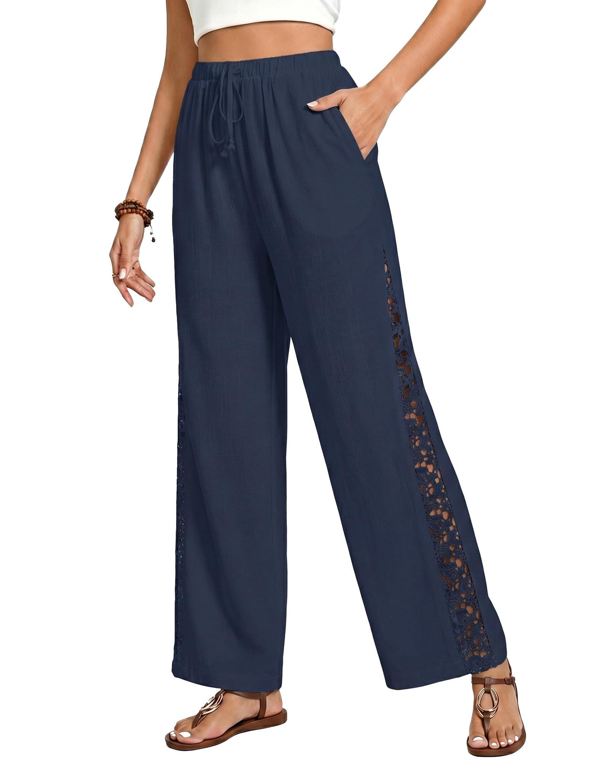 GRAPENT Linen Pants Women Wide Leg High Waisted Crochet Panel Pull On Elastic Waist Casual Summer Beach Vacation Pants