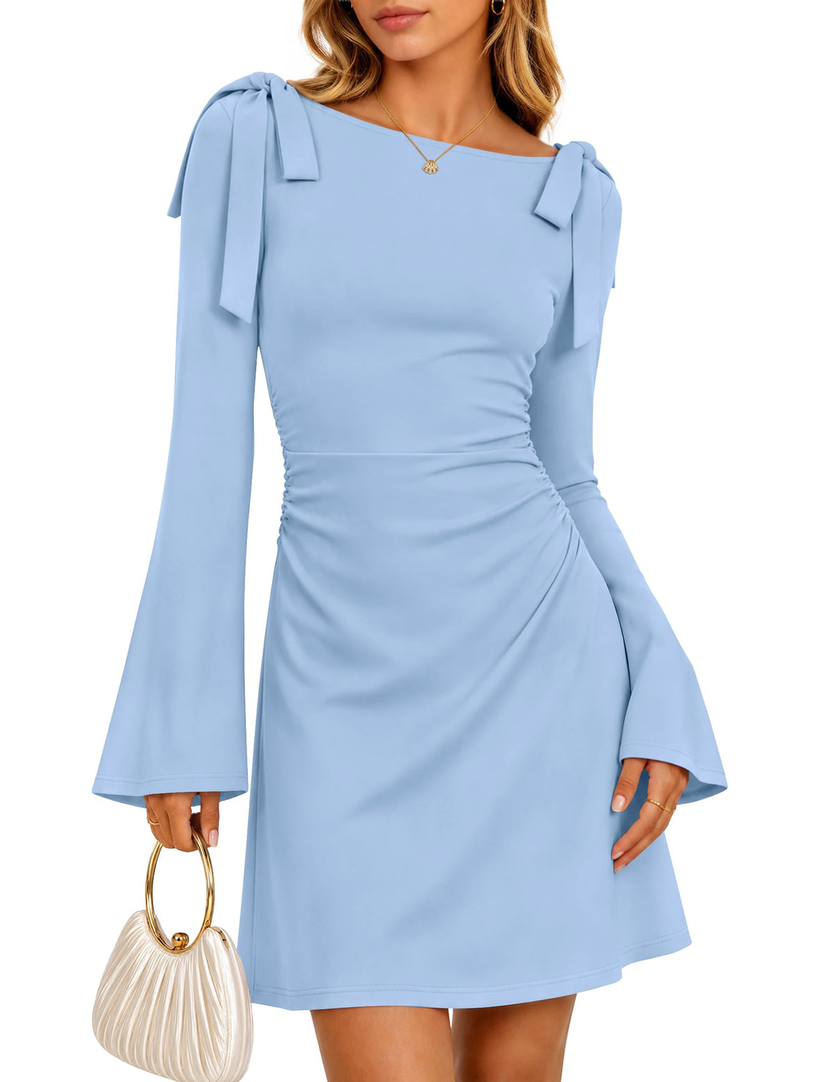 ZESICA Womens Fall Long Sleeve Tie Shoulder Ruched Bodycon Mini Dresses