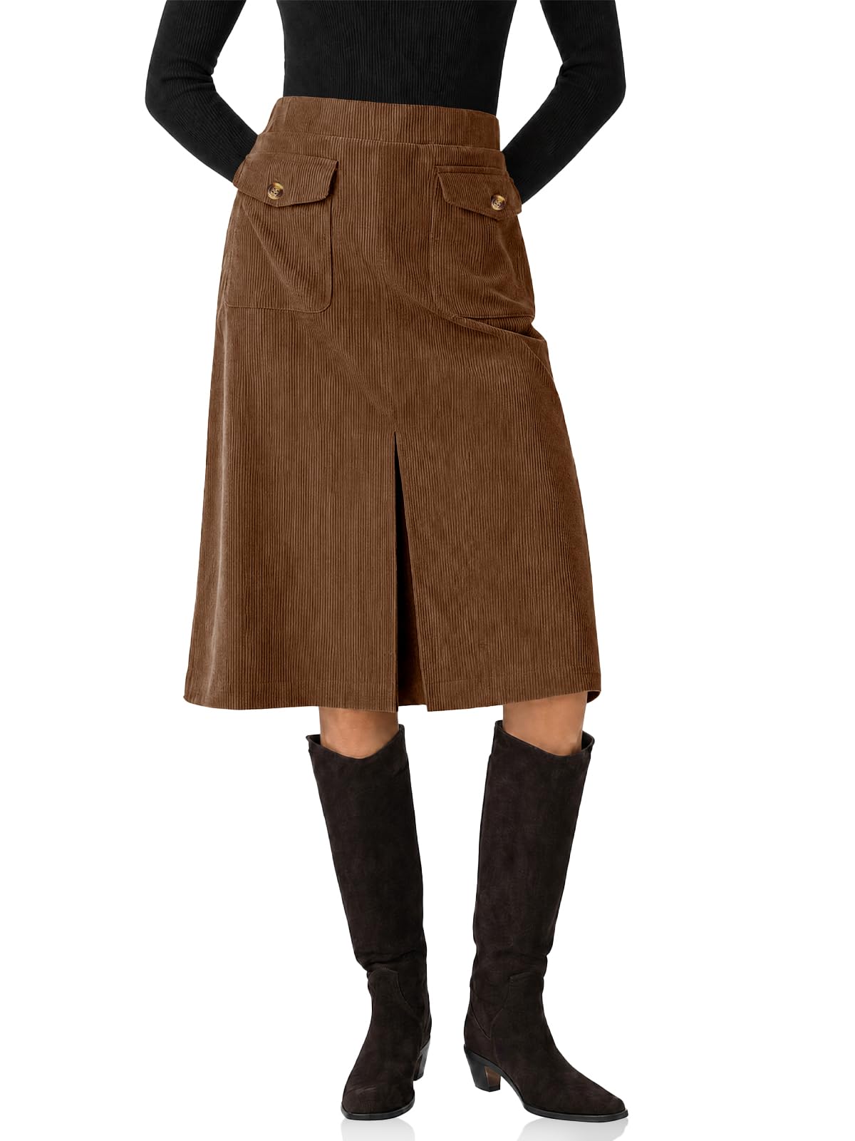 Cicy Bell Women Corduroy Midi Skirt Fall A-Line Front Slit Skirts
