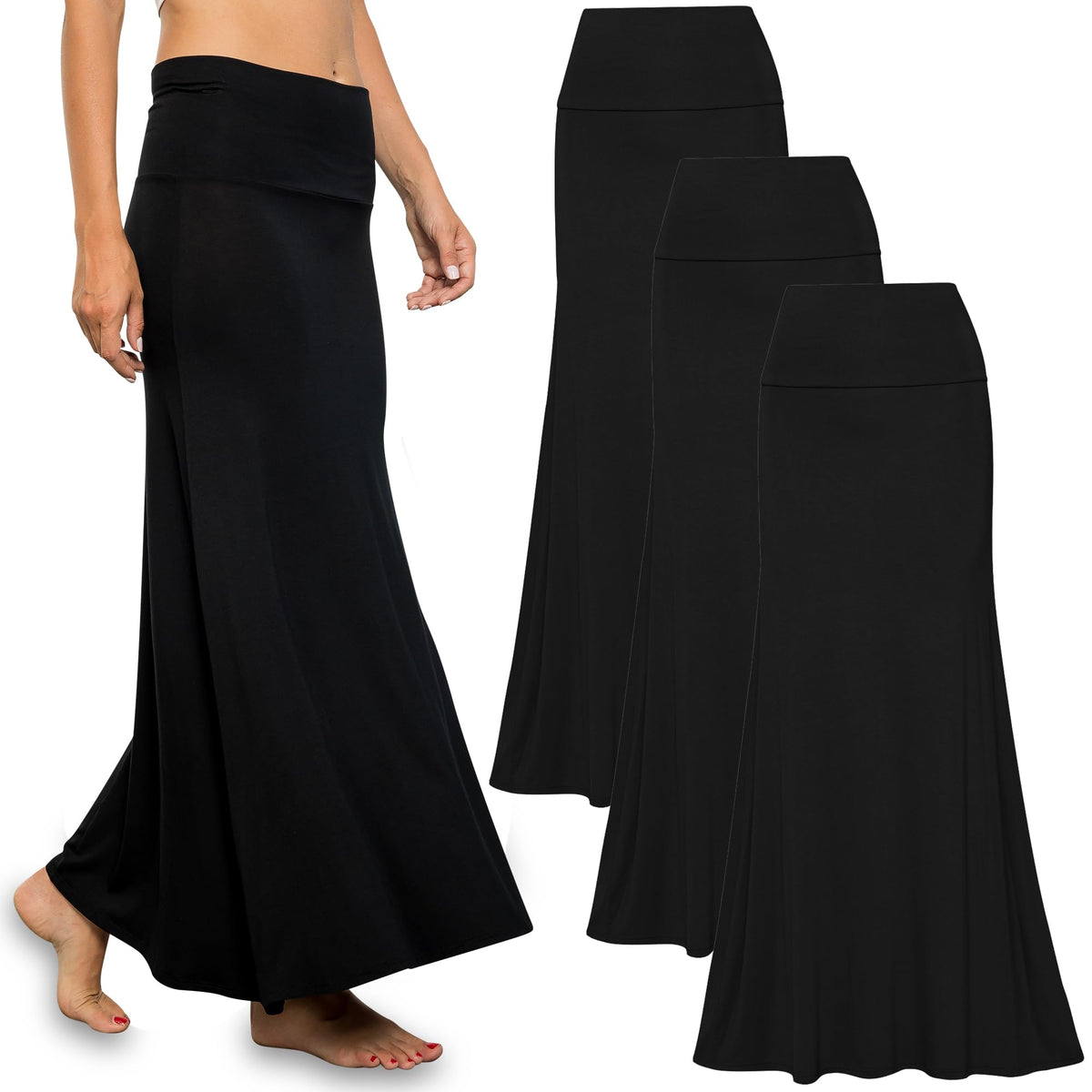 Free to Live 3 Pack Long Skirts for Women Fall Stretchy Flowy Maxi Skirt Dressy Casual for Work, Soft Fold Over High Waisted