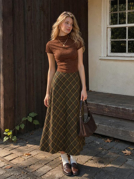 CIDER Womens Plaid Maxi Skirt A Line Pleated Gingham
