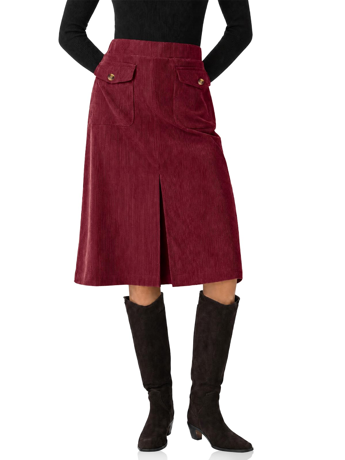 Cicy Bell Women Corduroy Midi Skirt Fall A-Line Front Slit Skirts