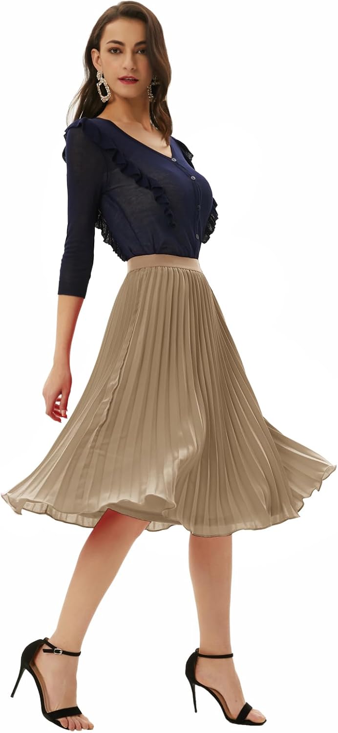 GRACE KARIN Pleated Midi Skirt for Women Chiffon A-Line Outfits