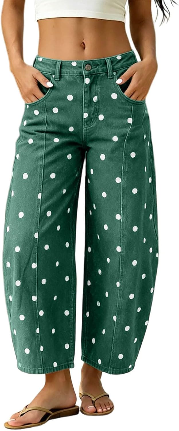 Polka Dot Pants Womens Barrel Jeans Baggy 2026 Fall High Waisted Wide Leg Casual Stretchy Denim Pant with Pockets