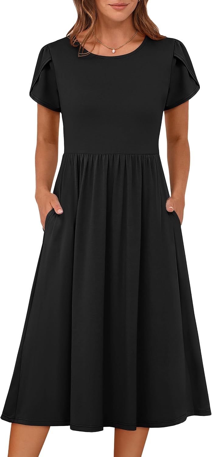 ANRABESS Women's Summer Petal Short Sleeve Midi Dress with Pockets