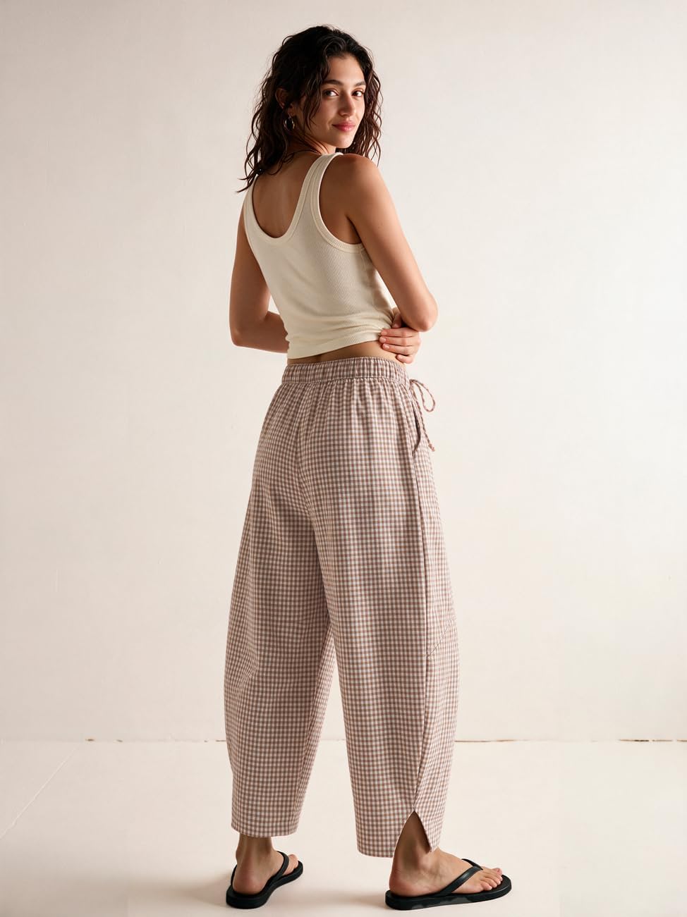 TARSE Womens Gingham Striped Linen Barrel Pants Drawstring Casual Trousers