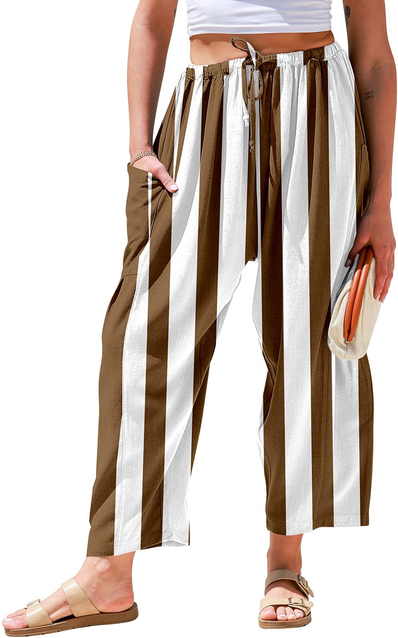 TARSE Womens Wide Leg Striped Linen Pants with Pocket