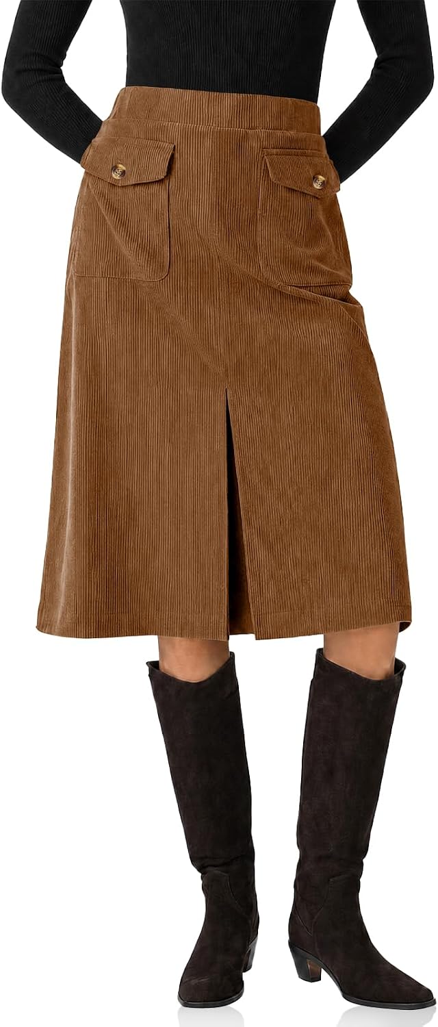 Cicy Bell Women Corduroy Midi Skirt Fall A-Line Front Slit Skirts