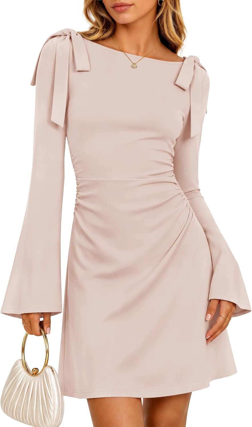 ZESICA Womens Fall Long Sleeve Tie Shoulder Ruched Bodycon Mini Dresses