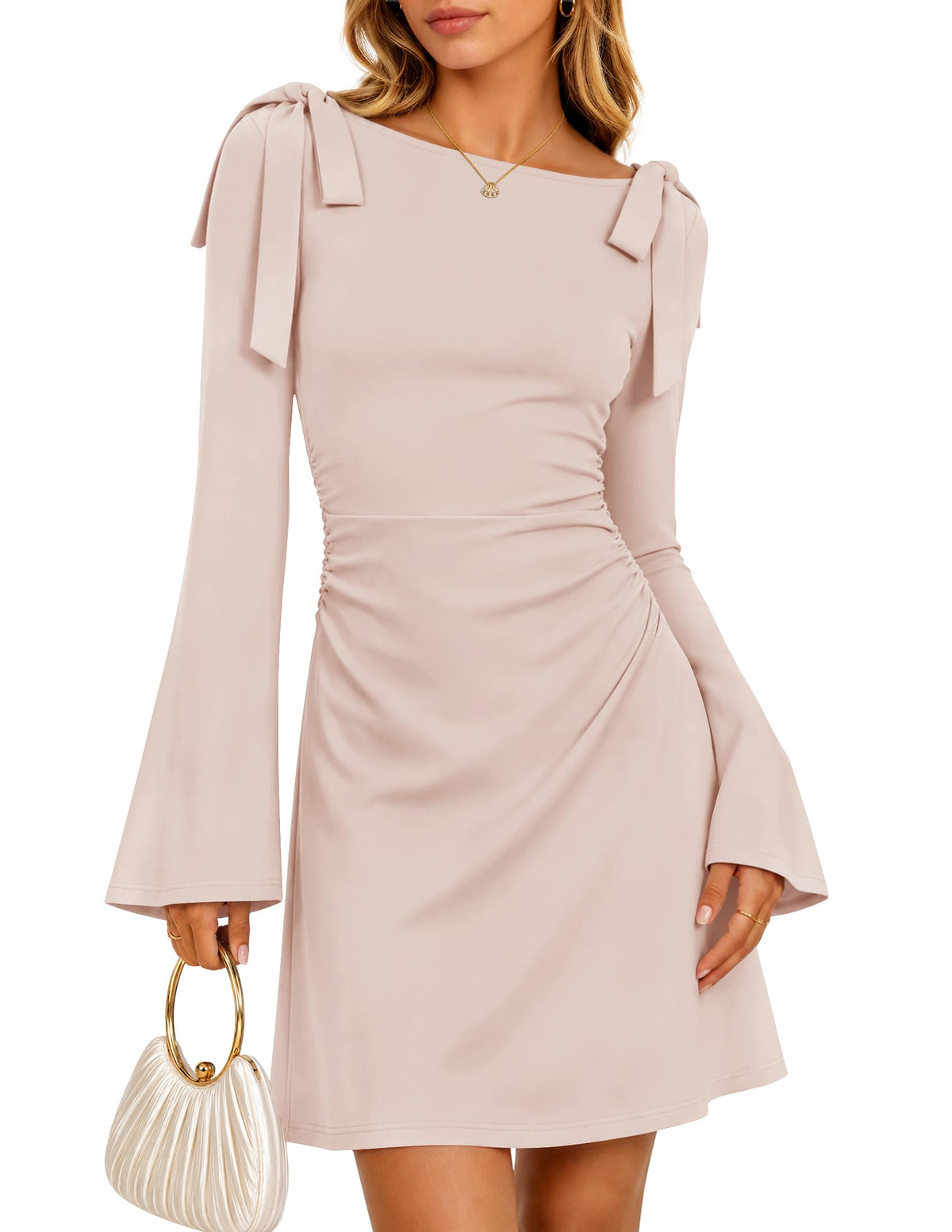 ZESICA Womens Fall Long Sleeve Tie Shoulder Ruched Bodycon Mini Dresses