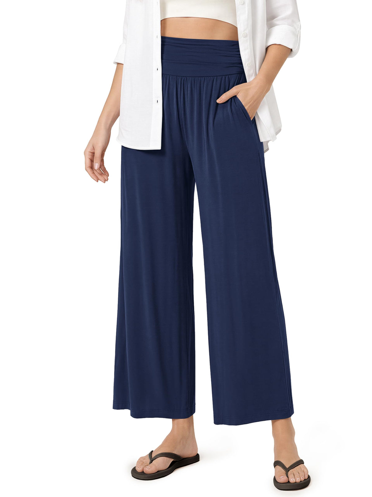 ODODOS Women's Wide Leg Palazzo Lounge Cropped Pants with Pockets Light Weight Comfy Pajama Capri Pants-20/22"/ 24" Inseam