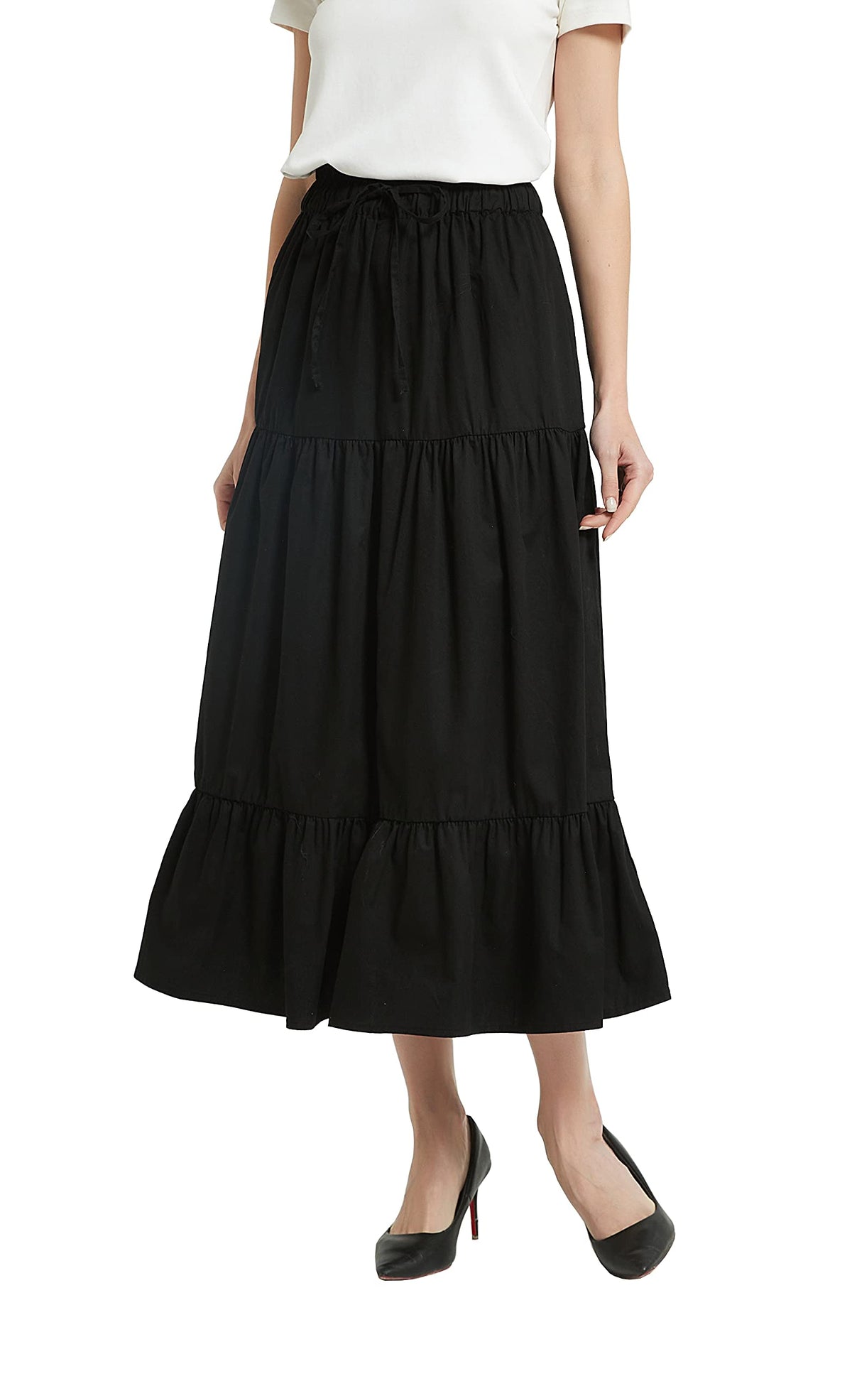 Tronjori Womens A Line Long Midi Denim Skirt Tired Layers with Drawstring